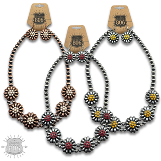 Burnished bead, stone flower necklace set, last call