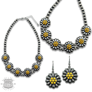 Burnished bead, stone flower necklace set, last call