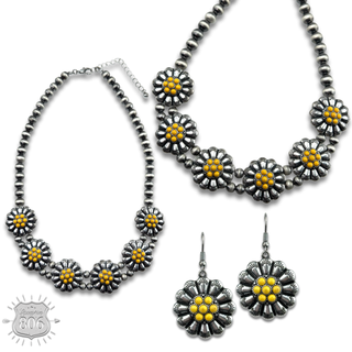Burnished bead, stone flower necklace set