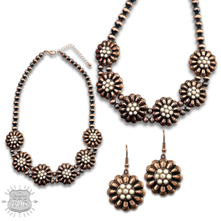 Burnished bead, stone flower necklace set, last call