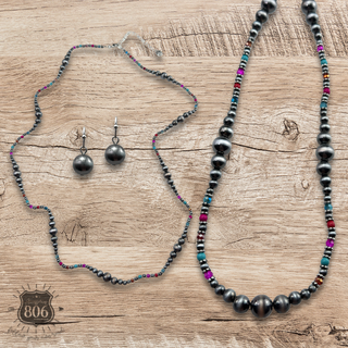 Burnished bead long necklace set