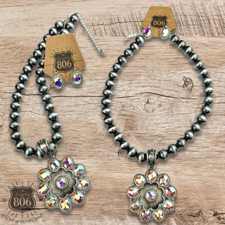 Western flower, silver bead necklace set