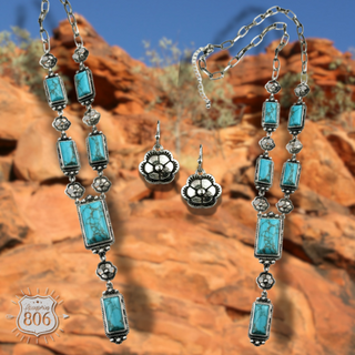 Turquoise and flower charm Y necklace set