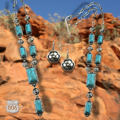 Turquoise and flower charm Y necklace set