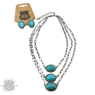 Three strand silver and turquoise layering necklace jewelry set