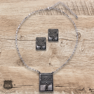 Western boot stitch rectangle necklace and earring set