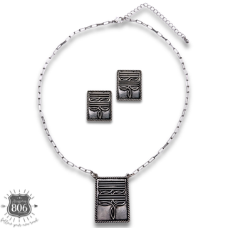Western boot stitch rectangle necklace and earring set