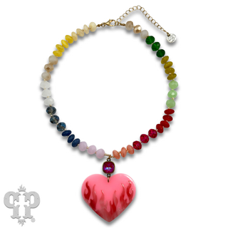 Multi-color bead necklace with large heart charm and Austrian crystal
