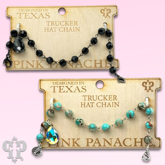 Trucker hat linked bead chain with rhinestone teardrop charm