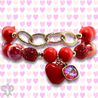 Red puffed heart charm bracelet, Austrian crystal