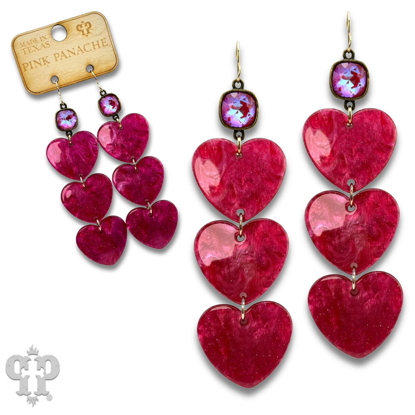 Triple acrylic heart earring, Austrian crystal