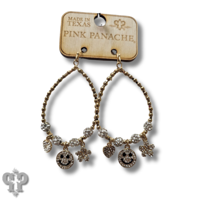 Round bead and rhinestone happy face teardrop earring, last call