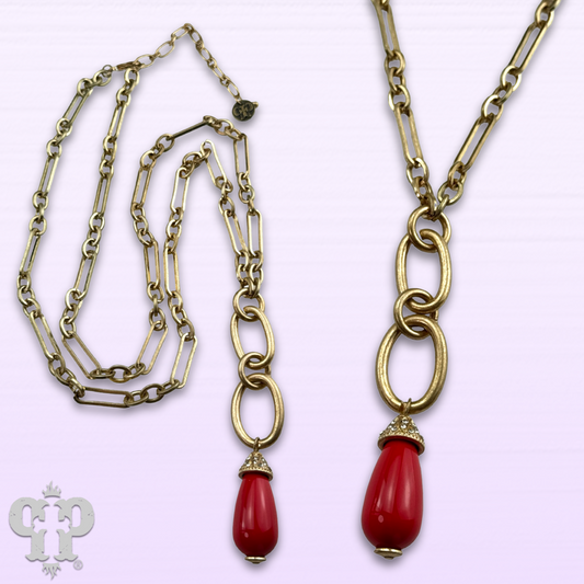 Red ceramic teardrop pendant necklace, last call