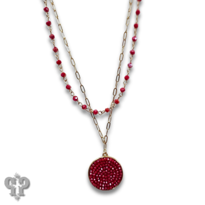 Red bead, gold chain necklace, seed bead charm, last call
