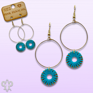 Gold circle with blue round charm earring, last call